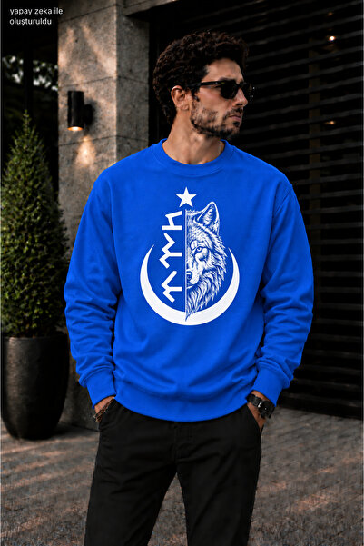 caddekombin Men's Göktürkçe Turkish Written and Wolf Printed Crew Neck Casual...
