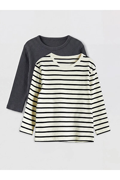 LC Waikiki Ecru Crew Neck Ribbed 2-Piece Baby Boy T-Shirt
