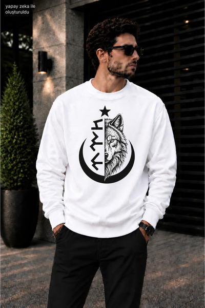 caddekombin Men's Göktürkçe Turkish Written and Wolf Printed Crew Neck Casual...