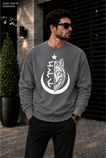 caddekombin Men's Göktürkçe Turkish Written and Wolf Printed Crew Neck Casual...