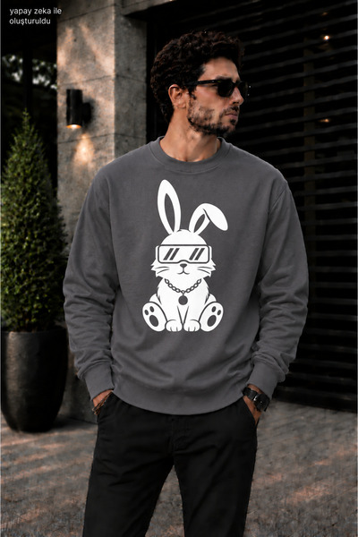 caddekombin Men's Cool Bunny Rabbit Printed Crew Neck Casual Regular Fit Swea...