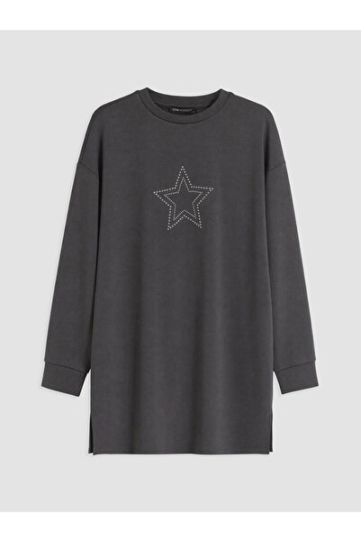 LC Waikiki Antrasit Taşlı Soft Touch Kadın Sweatshirt Tunik
