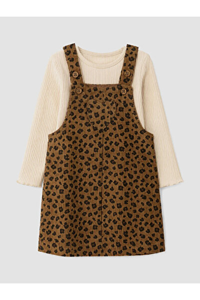 LC Waikiki Beige Patterned Baby Girl Salopet Dress Set