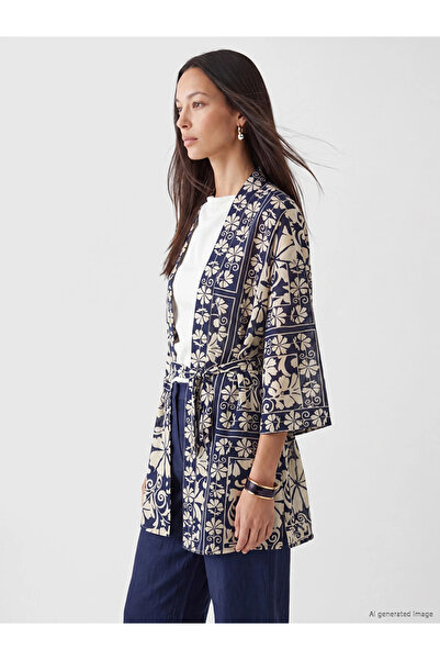 LC Waikiki Mavi Şal Yaka Desenli Beli Kuşaklı Kadın Kimono
