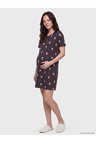 LC Waikiki Gray Crew Neck Teddy Bear Printed Maternity Nightgown
