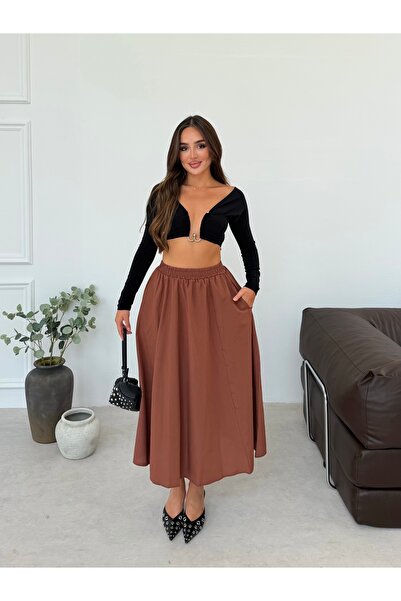 MİROR Women's Elastic Waist Flared Maxi Skirt