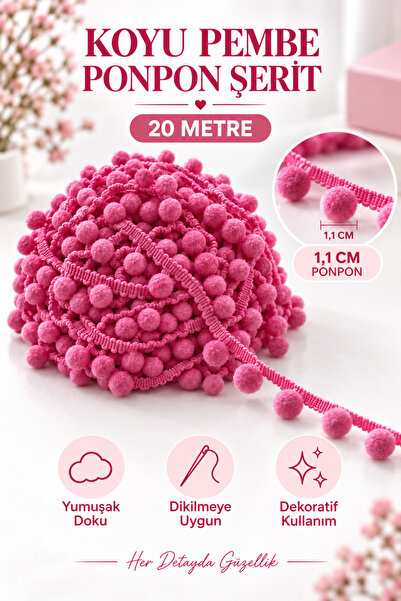 kubbe tekstil aksesuar 20 Metre Koyu Pembe Ponpon Şerit – 1,1 cm Ponponlu Şer...