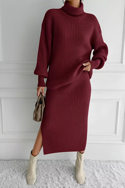TOZLU Burgundy Women's Full Turtleneck Corded Fabric Knitwear Sweater Skirt T...