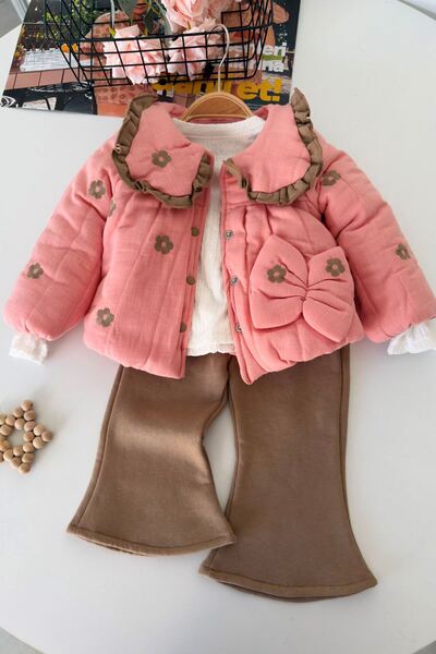 Minigimin Cicileri Floral Embroidered Ruffle Collar Winter Coat Baby Girl 3-P...