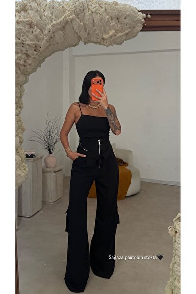 MY AÇELYA BUTİK Palazzo Kargo Cep Yüksek Bel Agraflı Pantolon