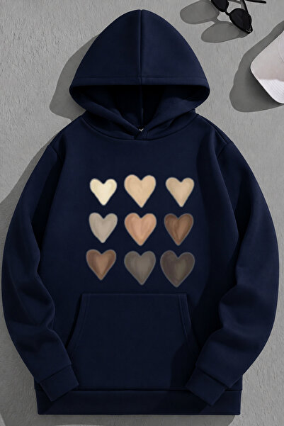 K KOZZ STYLE Unisex 3 Thread Cotton Navy Blue Multi-Heart Print Loose Fit Swe...