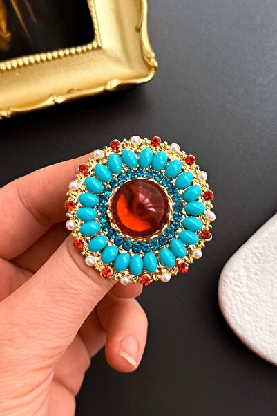Kadın Gold Renk Turkuaz Taşlı ve İncili Otantik Madalyon Vintage Broş Yaka İğnesi
