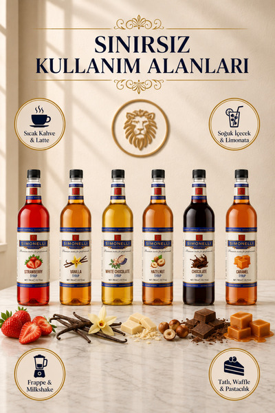 Simonelli 6'lı Kahve ve Kokteyl Şurubu Seti 700 ml (6x700 ml) - Vanilya, Karamel, Fındık, Çikolata, Beyaz Çikolata ve Çilek Aromalı İçecek Şurubu (70 cl)