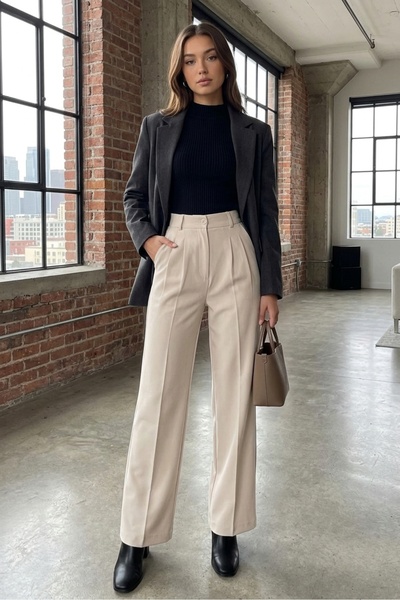 byhaziran butik Kremm Women's High Waist Palazzo Fabric Trousers
