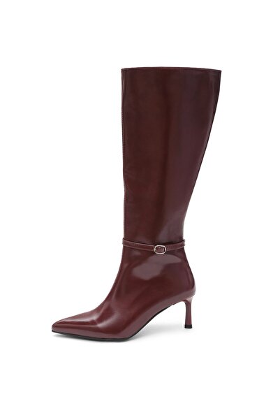 Mio Gusto Burgundy Color Belt Detailed Women's Heeled Boots