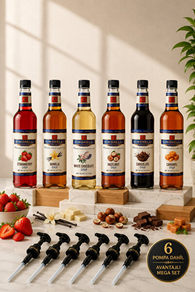 Simonelli 6'lı Kahve ve Kokteyl Şurubu Seti 700 ml (6x700 ml) - Vanilya, Karamel, Fındık, Çikolata, Beyaz Çikolata ve Çilek Aromalı İçecek Şurubu (70 cl)