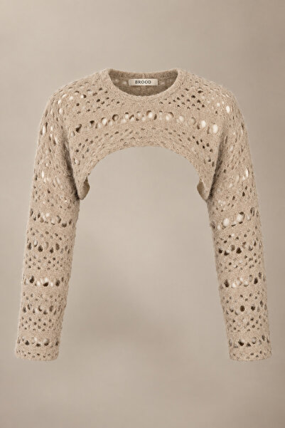 Brood Women's Beige Openwork Knitwear Crop Bolero Blouse Long Sleeve Low-Cut ...