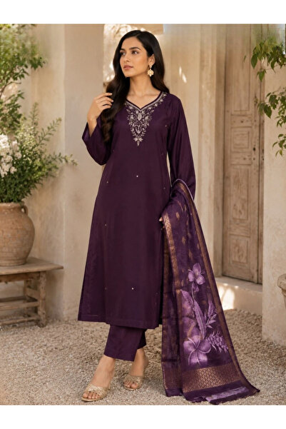 MYSMAR Purple Roman Silk Embroidered Three-Piece Suit - NVVB9531 | Purple-Siz...