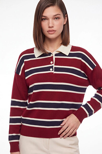 cemo Bordo Çizgili Polo Yaka Oversize Triko Kazak
