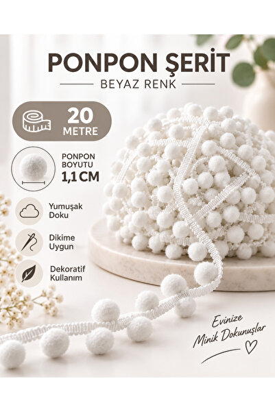 kubbe tekstil aksesuar 20 Metre Beyaz Ponpon Şerit – 1,1 cm Ponponlu Şerit – ...