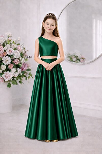 SUNEH Girl's Long Satin Skirt and Satin One Shoulder Crop Bustier Evening Dre...