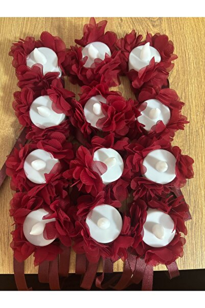 Bordo Ledli Kına El Mumu, Düğün, Nedime, Bride, Sünnet, Led Işıklı, Tealight Mum Pilli 12 Adet