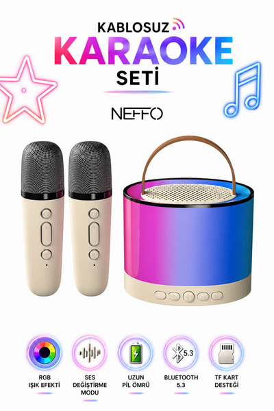 NEFFO Mikrofonlu Karaoke Bluetooth Hoparlör Rgb Işıklı 5 Ses Efektli Taşınabilir Şarjlı Ses Bombası