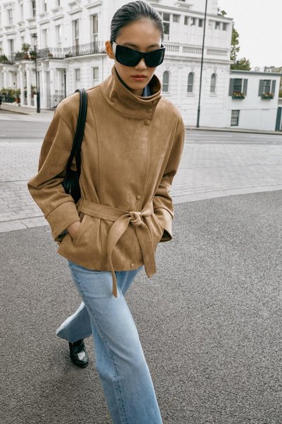 MANMARK Belted Soft Textured Suede Fabric Stand Collar Women's Zr Model Suede Jacket