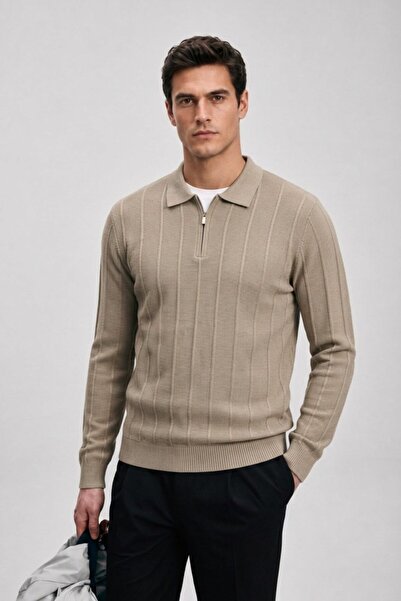 Maccali Men's Woven Detailed Zippered Beige Polo Knit Sweater