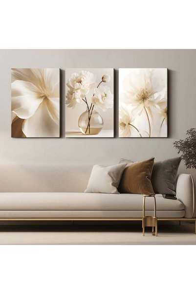 Evinemoda Beyaz Narin Çiçekler 3 Parça Kanvas - Canvas Tablo