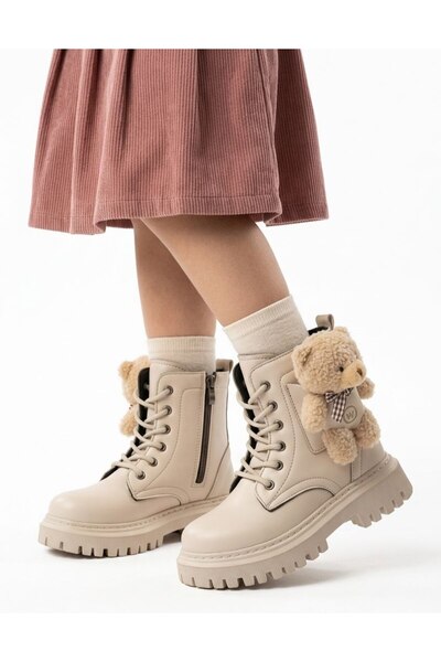 Gönbeler Girl's Winter Boots with Teddy Bear Detail, Side Zipper, Fur Inside,...