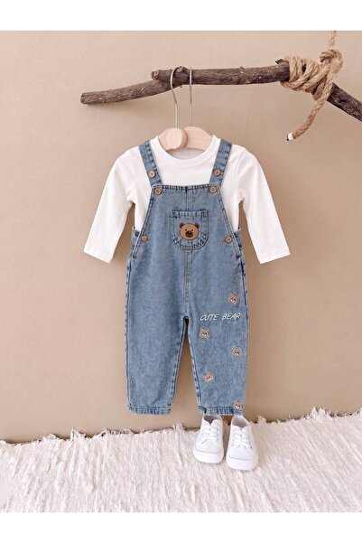 Mişsa Bebe Ayıcık Nakışlı Salopet Unisex Bebek Çocuk Denim Nakış detaylı 2 Parça Pamuklu İçlik