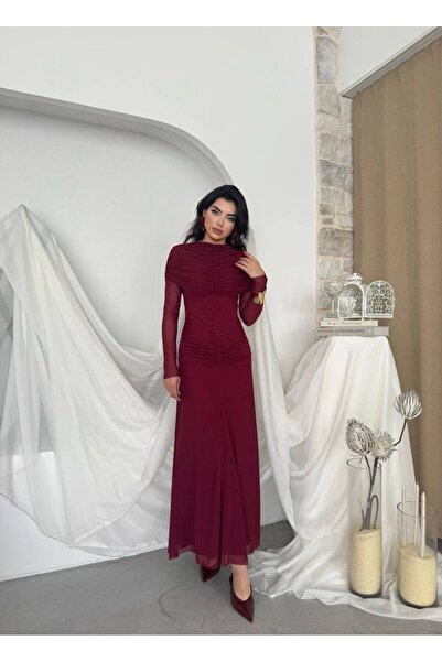 EtikaOnline Kadın Büzgülü Drapeli Uzun Kollu Maxi Elbise KOD 00799