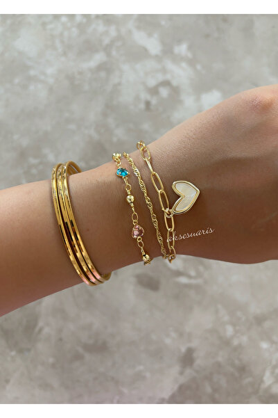 aksesuaris 3-Piece Zircon Heart Stone Gold Bracelet Set