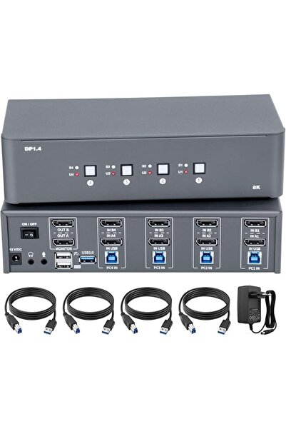 GENERAL محول KVM لشاشتين، 4 أجهزة كمبيوتر، 4 مداخل، 2 مخرج، محول Displayport ...
