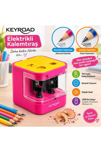 KEYROAD Pilli Kalemtraş USB Destekli Jumbo ve Standart Kalemler İçin