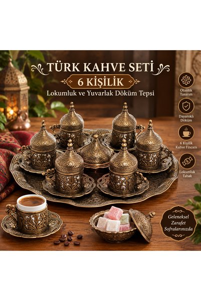 Genel Markalar 6 Kişilik Antik Sarı (yeşil) Türk Kahvesi Seti – Lokumluk ve Y...