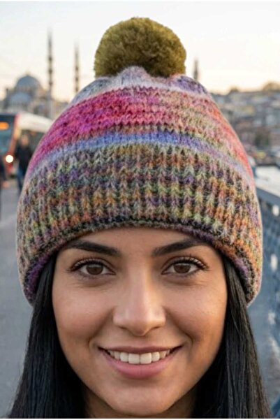 Mood Agenda Women's Marbled Patterned Pompom Knitted Winter Beanie