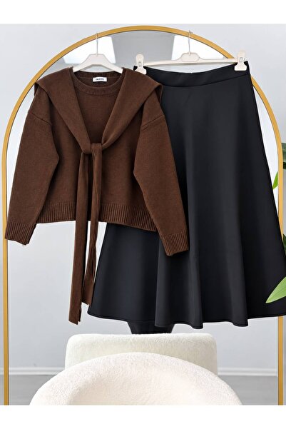 YILMAZBARMAZ Women's Hijab Knitwear Set with Detachable Shawl Detail and Skirt