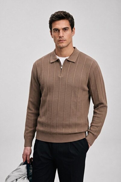 Maccali Men's Woven Detailed Zippered Camel Polo Knit Sweater