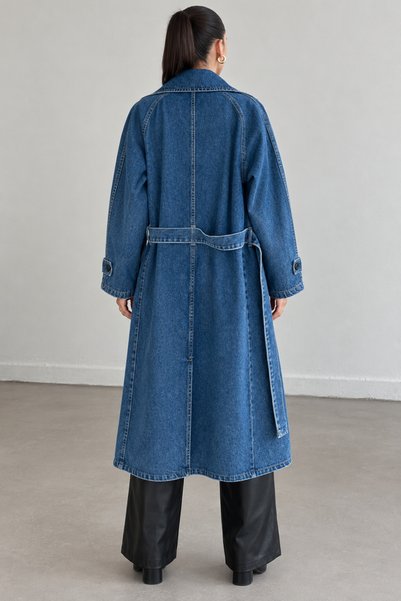 1434 Polo State Women's Belted Double-Breasted Collar Oversize Long Denim Trench Coat Blue