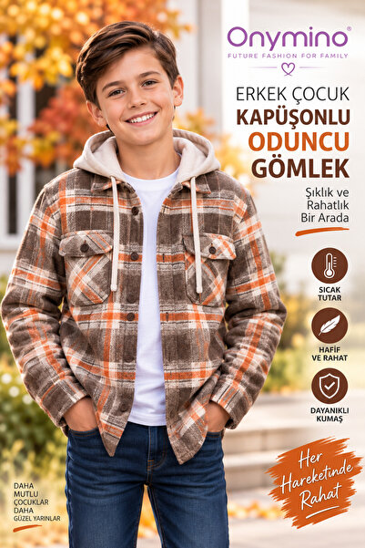 onymino Boy's Hooded Lumberjack Shirt Sweatshirt – Soft and Warm Cardigan Model