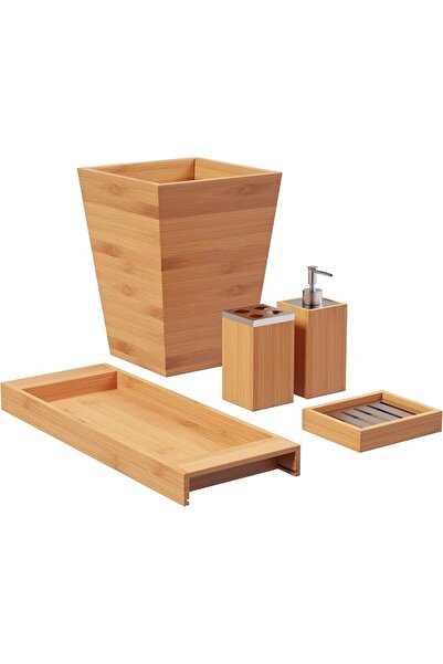 Lavish Home 5-Piece Bathroom Decor Set - Bamboo Vanity Accessories with Trash...