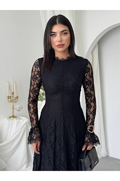 Clothes Fast Women's Black Lace Midi Dress High Neck Long Sleeve A-Line Guest...