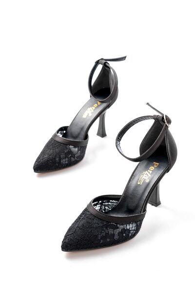 Zerenyus Zri̇n-404 Premium Black Mesh Flower Detailed Heeled Shoes 9 cm
