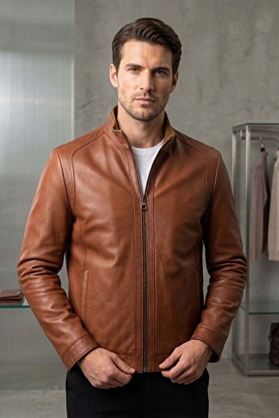Deriderim Men's Cognac Genuine Leather Stand Collar Jacket