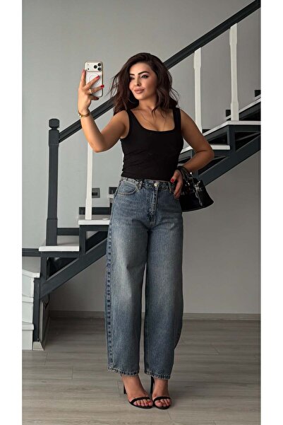 Oslove Blue snow wash distressed tinted balloon jean
