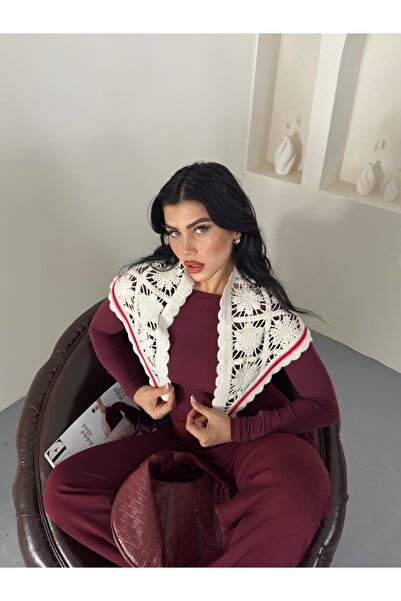 Enez Kadın Motifli Tığ İşi Üçgen Omuz Şalı / Kırmızı Biyeli Bohem Fular