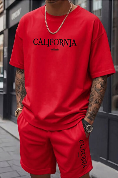 coolart California Tasarım T-Shirt Şort - Kırmızı Alt Üst Takım Şort Tişört K...