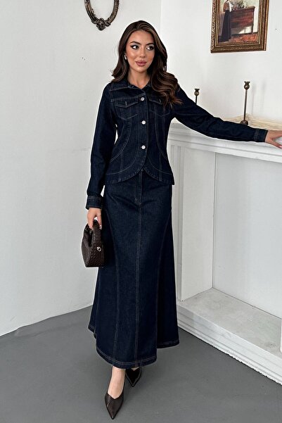 Clothes Fast Women's Blue Skirted Suit Denim Shirt Collar Buttoned Long Skirt...